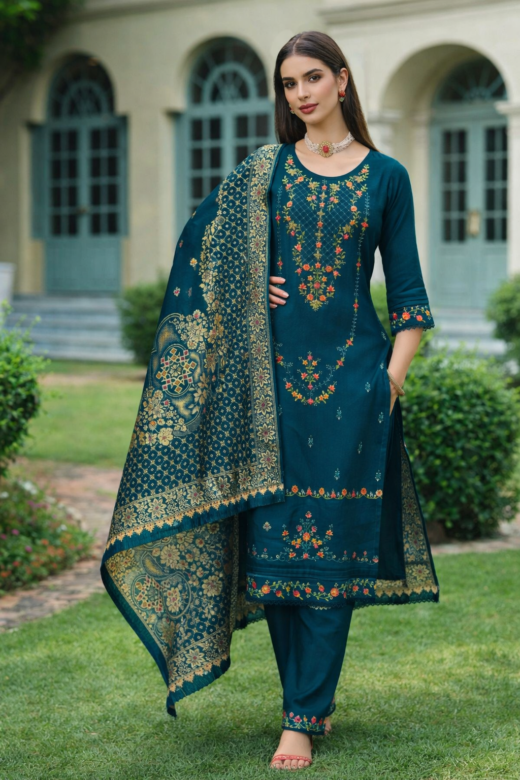 Teal Blue Embroidered Viscose Kurti Set with Dupatta