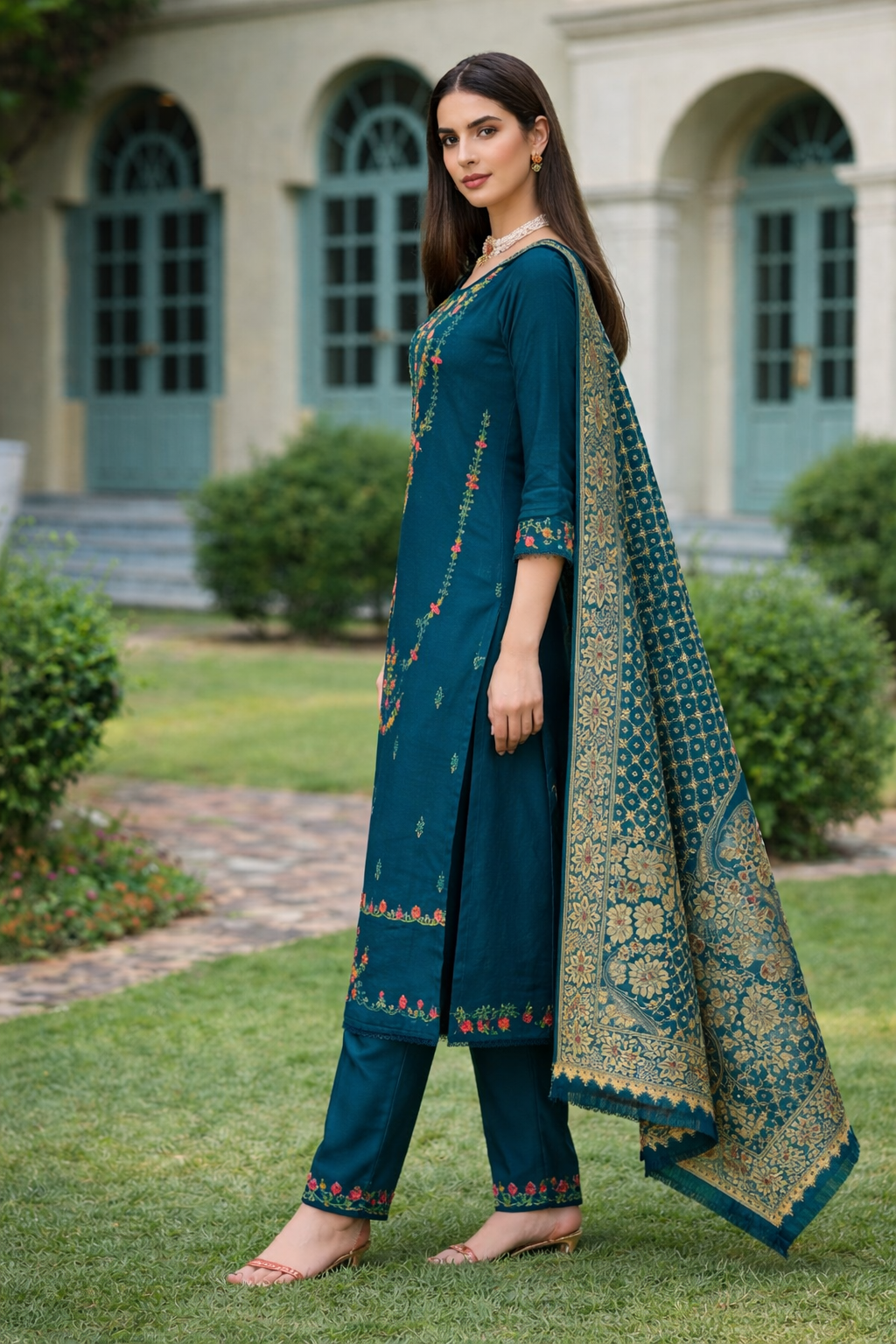 Teal Blue Embroidered Viscose Kurti Set with Dupatta