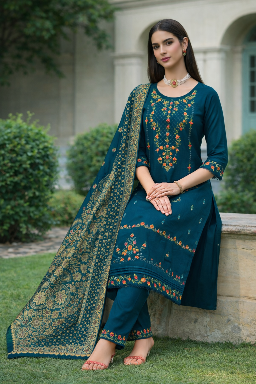 Teal Blue Embroidered Viscose Kurti Set with Dupatta