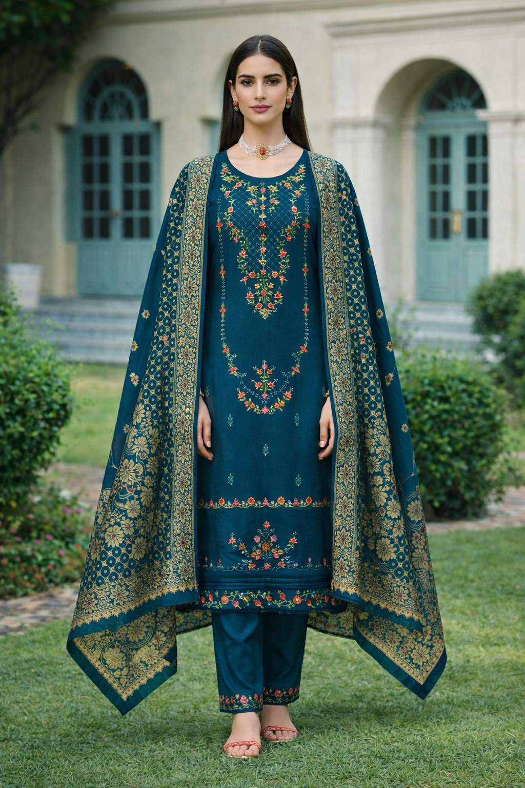 Teal Blue Embroidered Viscose Kurti Set with Dupatta