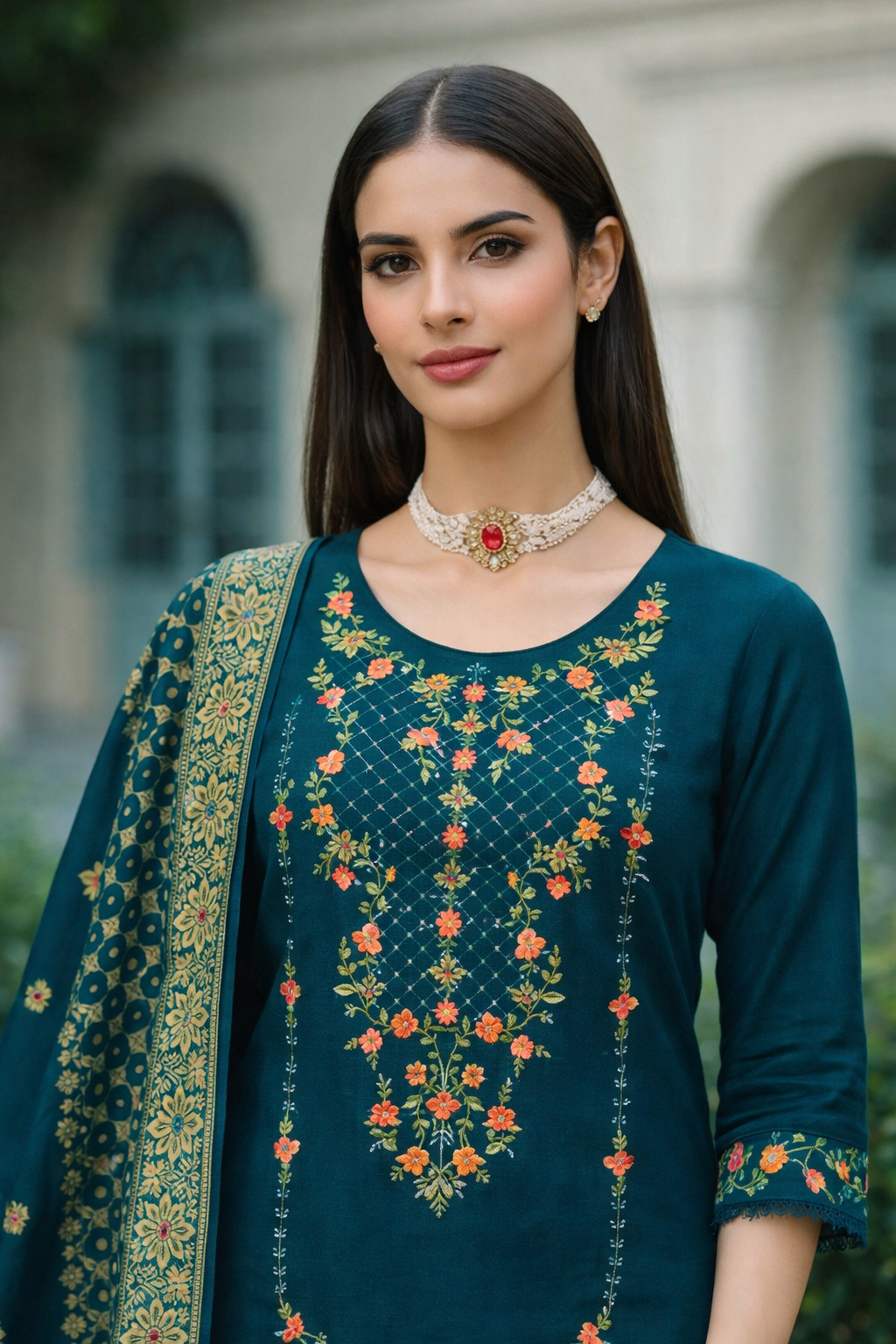Teal Blue Embroidered Viscose Kurti Set with Dupatta
