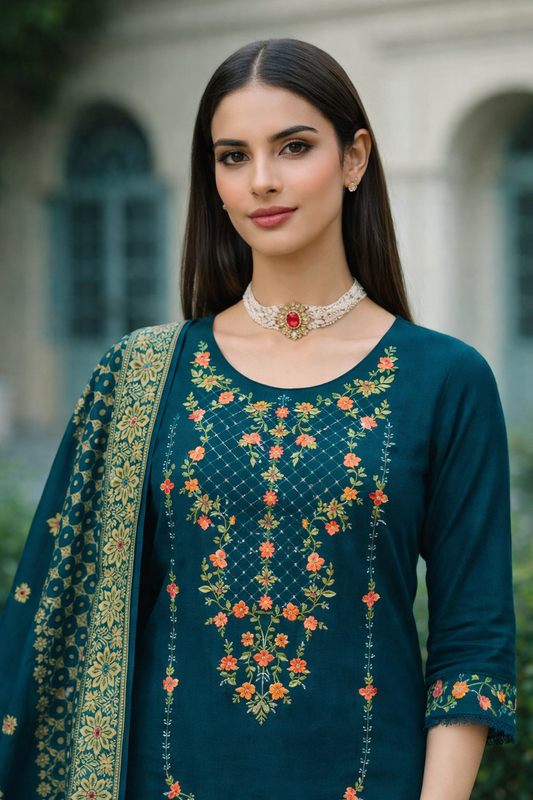 Teal Blue Embroidered Viscose Kurti Set with Dupatta