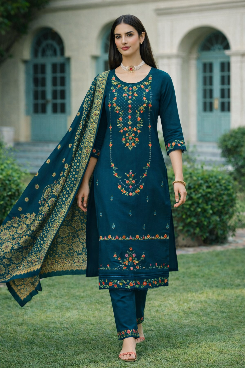 Teal Blue Embroidered Viscose Kurti Set with Dupatta