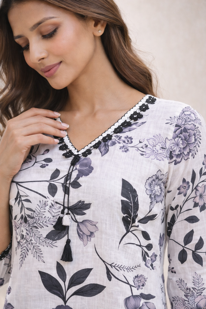 Azeenia Grey Floral Printed Women’s Top