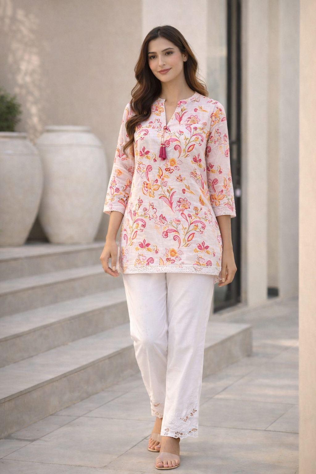 Azeenia Cream Floral Printed Women’s Straight Top