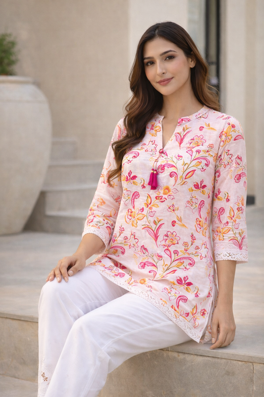 Azeenia Cream Floral Printed Women’s Straight Top