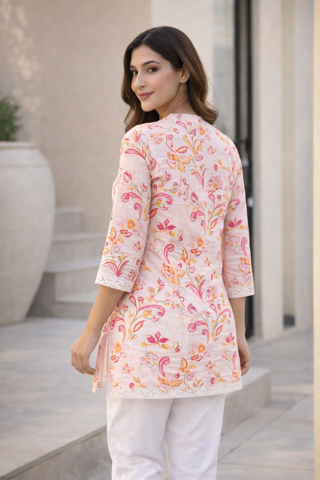 Azeenia Cream Floral Printed Women’s Straight Top