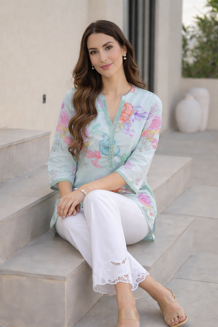 Azeenia Mint Green Floral Printed Women’s Top