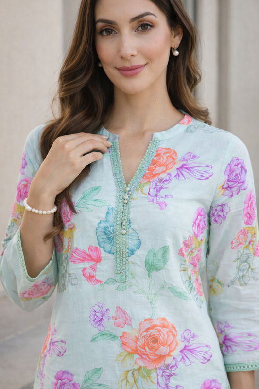 Azeenia Mint Green Floral Printed Women’s Top
