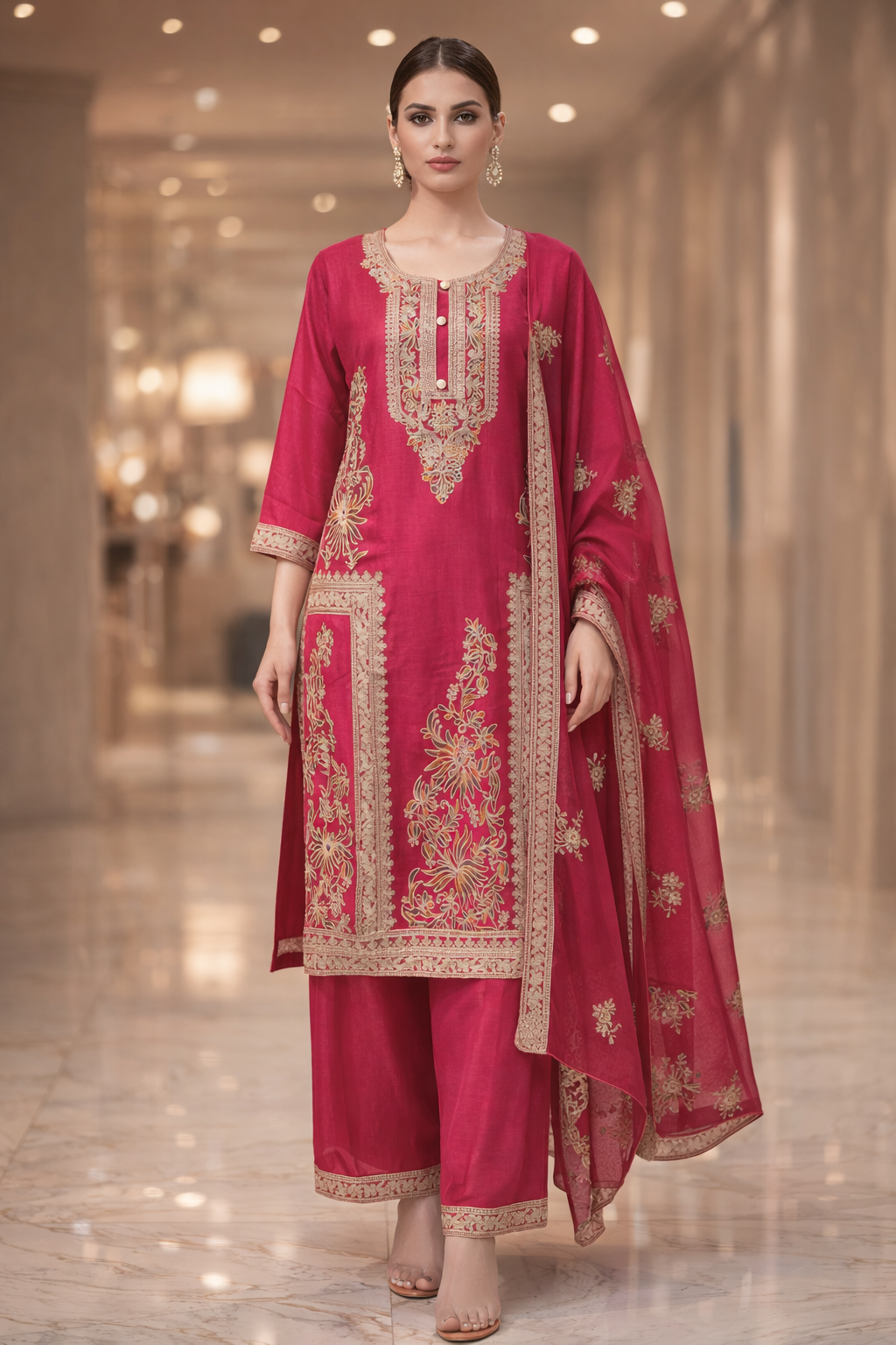 Luxury Ruby Red Embroidered 3-Piece Ethnic Suit Set for Festive & Wedding Wear
