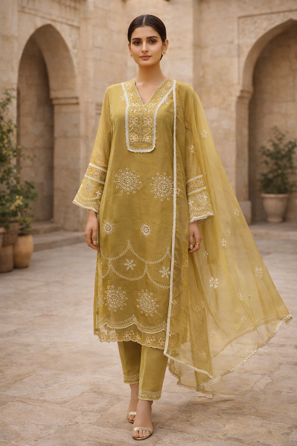 Olive Gold Luxury Embroidered 3-Piece Ethnic Suit Set for Festive Wear