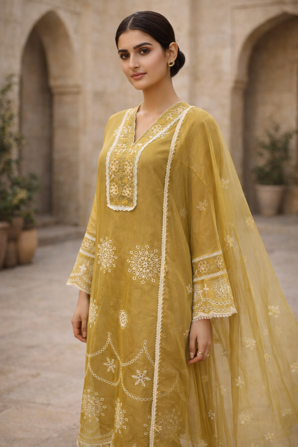 Olive Gold Luxury Embroidered 3-Piece Ethnic Suit Set for Festive Wear