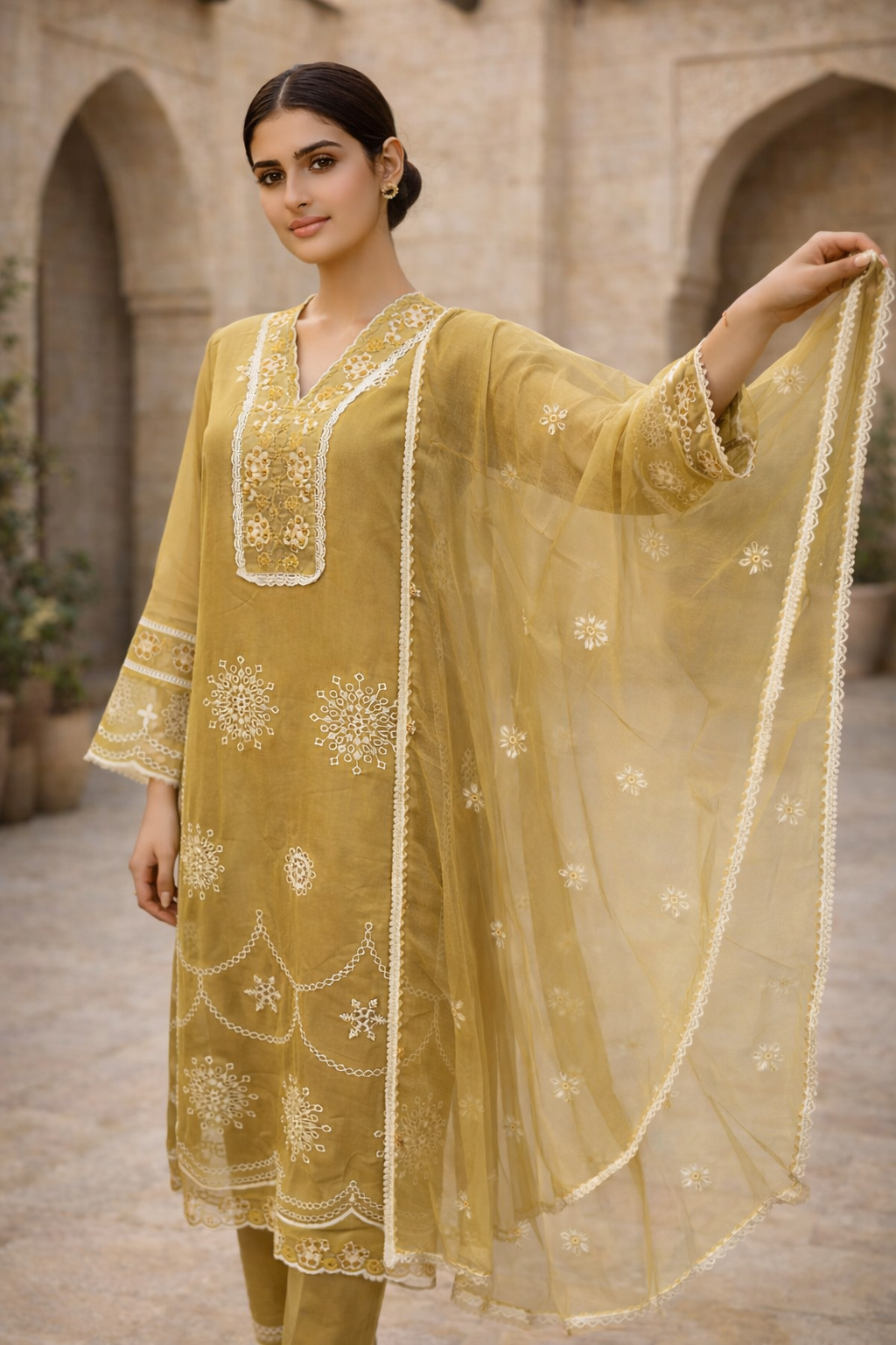 Olive Gold Luxury Embroidered 3-Piece Ethnic Suit Set for Festive Wear