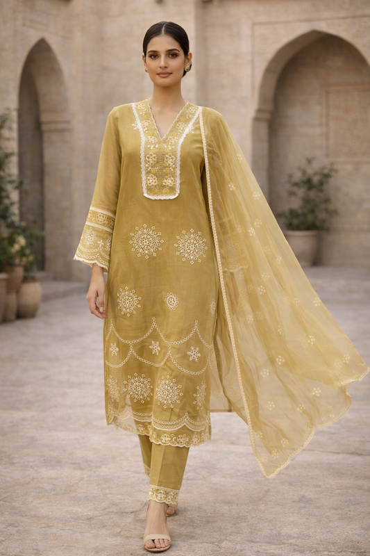 Olive Gold Luxury Embroidered 3-Piece Ethnic Suit Set for Festive Wear