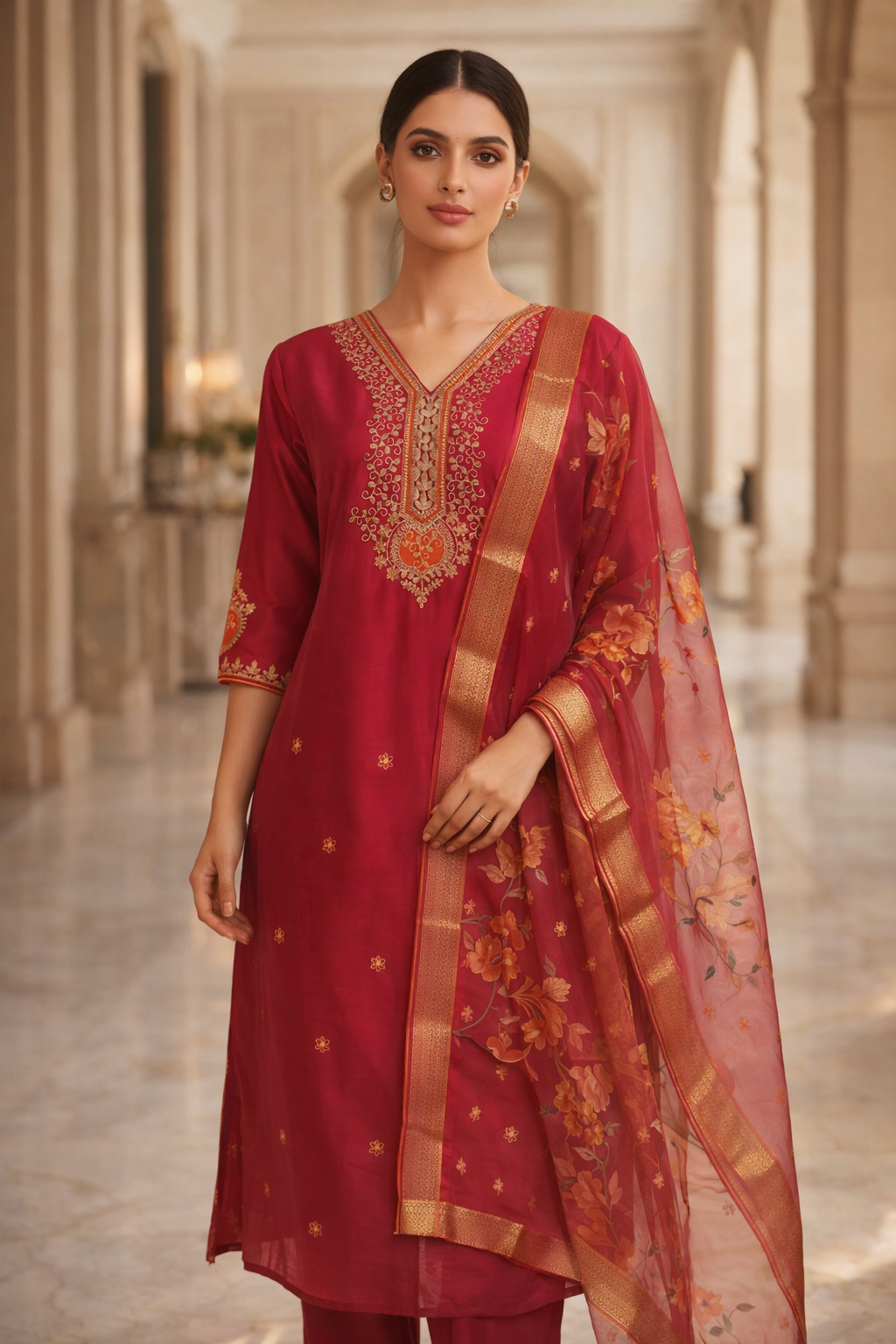 Royal Wine Red Luxury Embroidered 3-Piece Ethnic Suit Set for Festive Wear