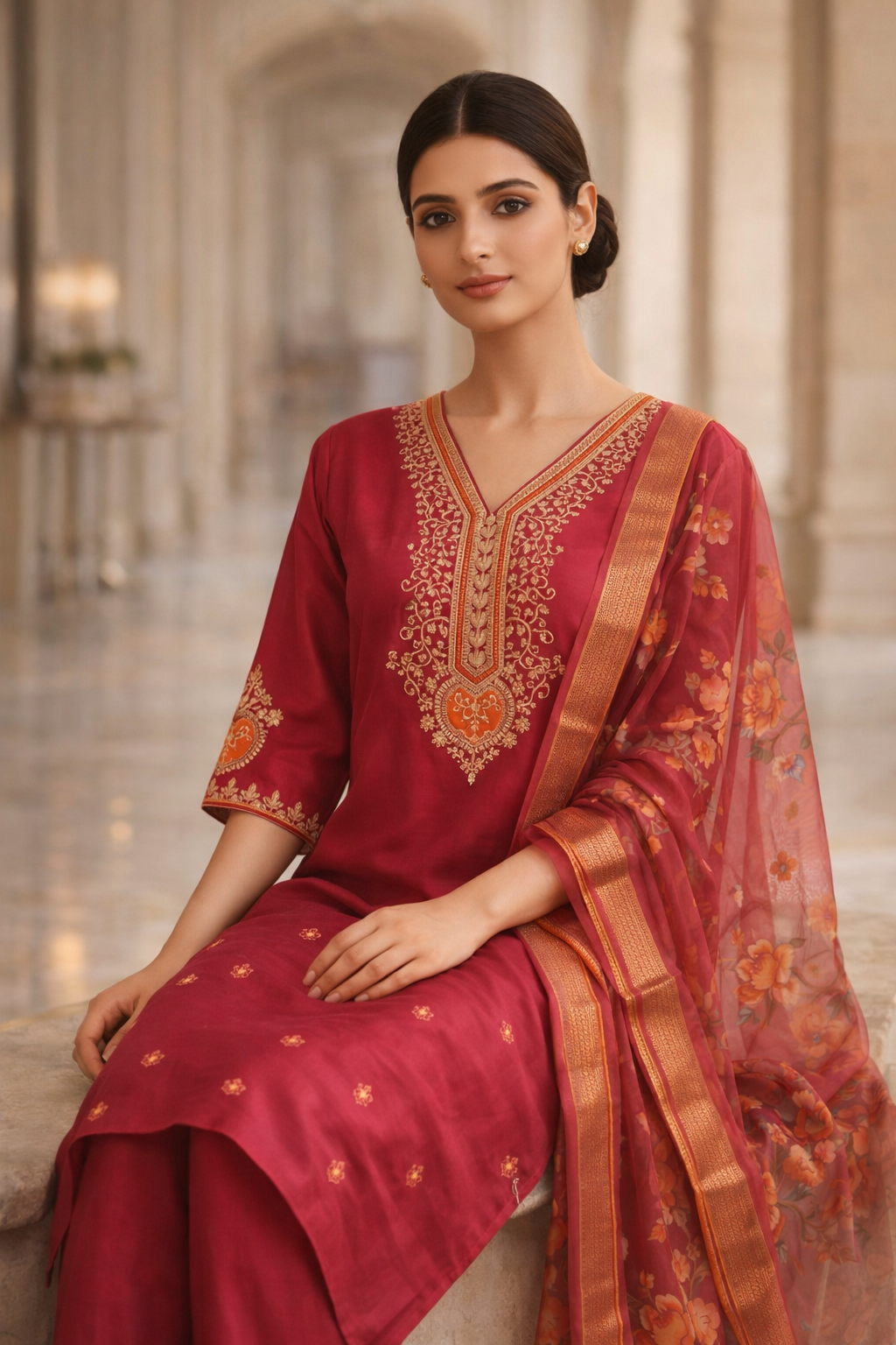 Royal Wine Red Luxury Embroidered 3-Piece Ethnic Suit Set for Festive Wear