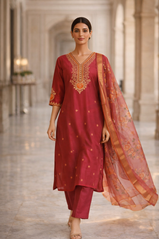 Royal Wine Red Luxury Embroidered 3-Piece Ethnic Suit Set for Festive Wear