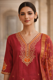 Royal Wine Red Luxury Embroidered 3-Piece Ethnic Suit Set for Festive Wear