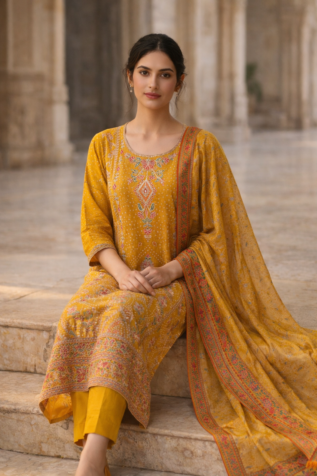Festive Mustard Yellow Printed 3-Piece Ethnic Suit Set with Dupatta