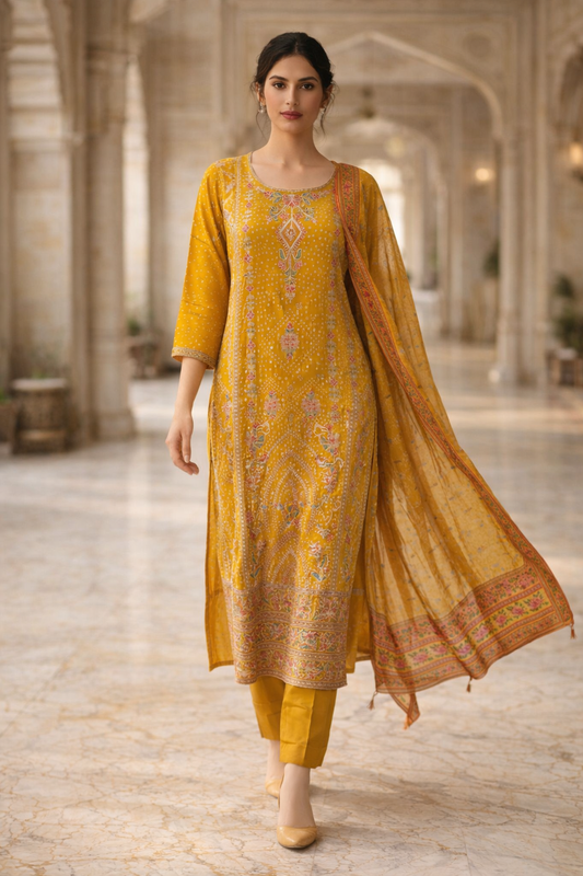 Festive Mustard Yellow Printed 3-Piece Ethnic Suit Set with Dupatta