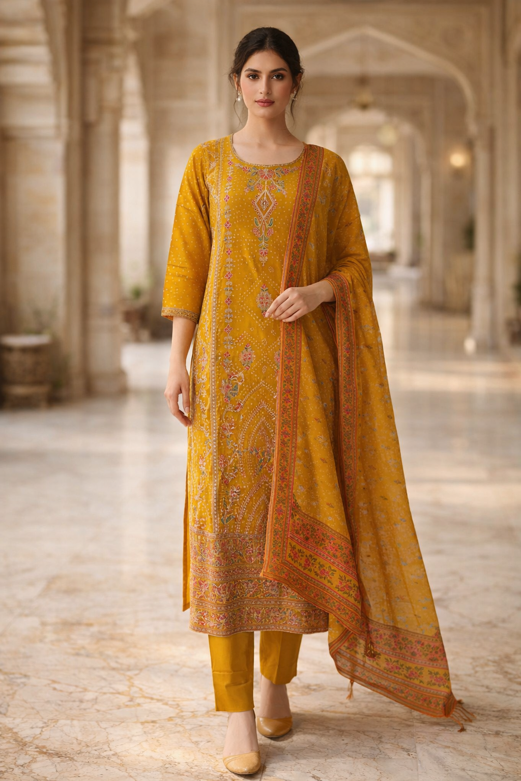 Festive Mustard Yellow Printed 3-Piece Ethnic Suit Set with Dupatta