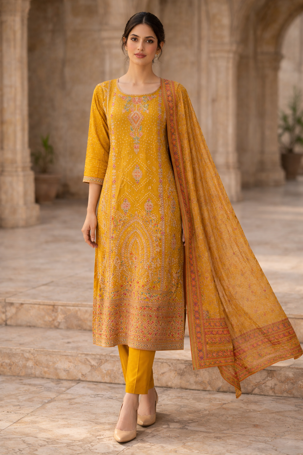Festive Mustard Yellow Printed 3-Piece Ethnic Suit Set with Dupatta