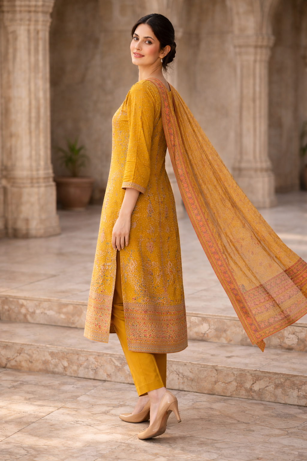 Festive Mustard Yellow Printed 3-Piece Ethnic Suit Set with Dupatta