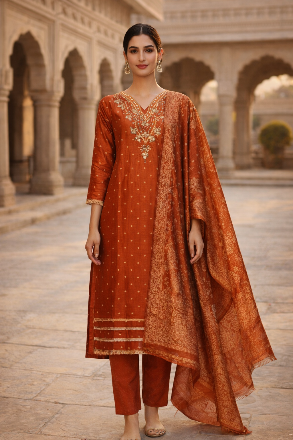 Royal Rust Orange Embroidered 3-Piece Ethnic Suit Set for Festive Wear