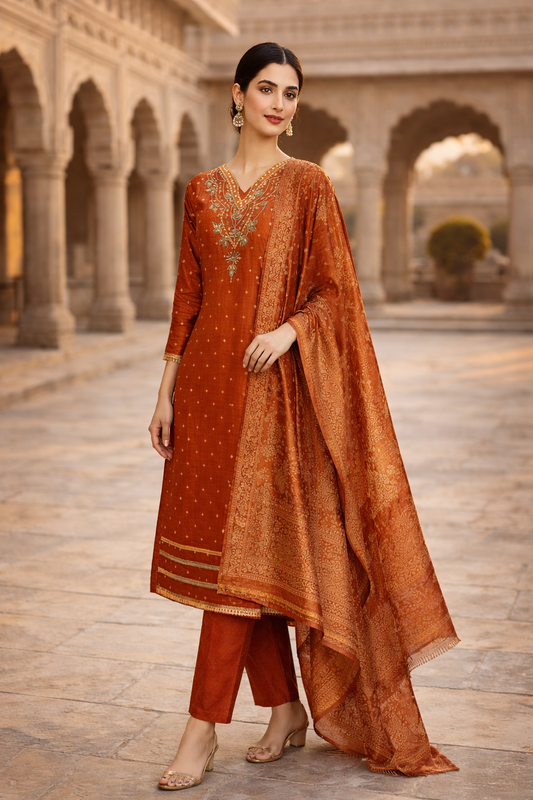 Royal Rust Orange Embroidered 3-Piece Ethnic Suit Set for Festive Wear