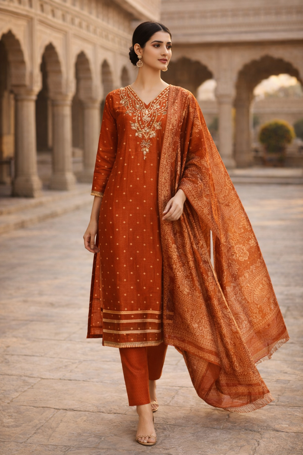 Royal Rust Orange Embroidered 3-Piece Ethnic Suit Set for Festive Wear