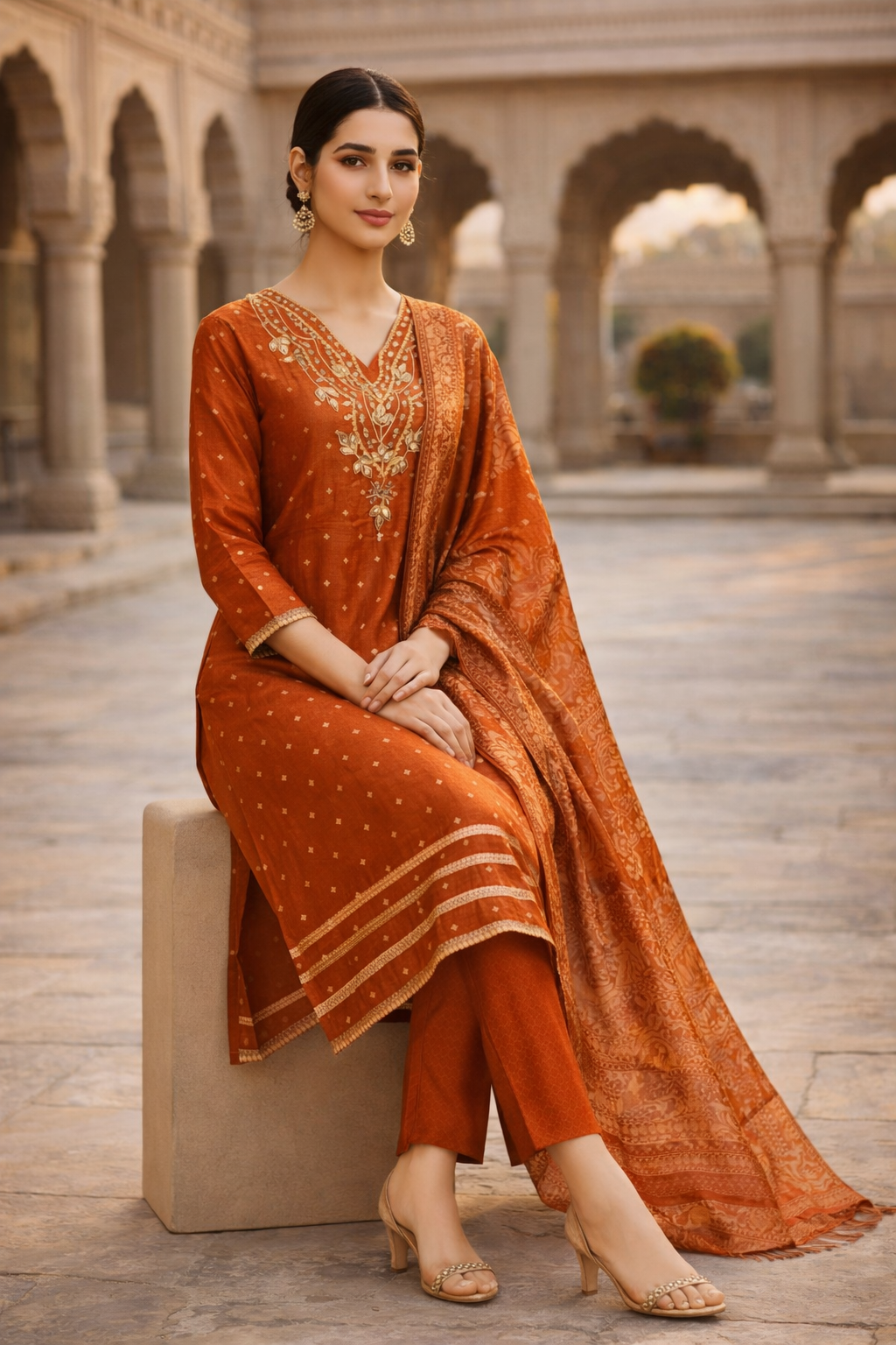 Royal Rust Orange Embroidered 3-Piece Ethnic Suit Set for Festive Wear