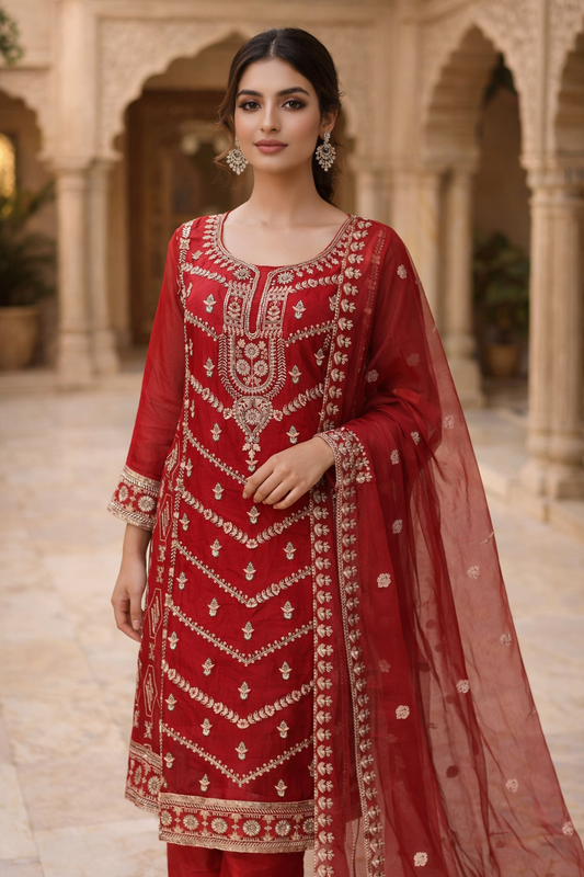 Royal Crimson Red Luxury Embroidered 3-Piece Ethnic Suit Set for Festive & Wedding Wear