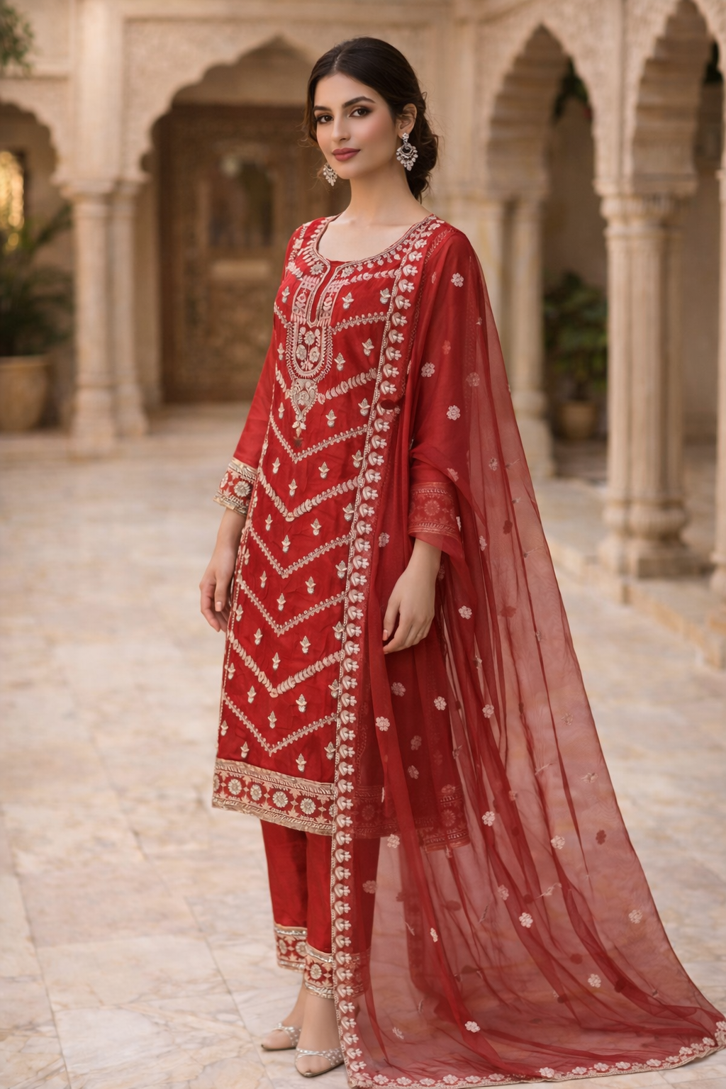 Royal Crimson Red Luxury Embroidered 3-Piece Ethnic Suit Set for Festive & Wedding Wear
