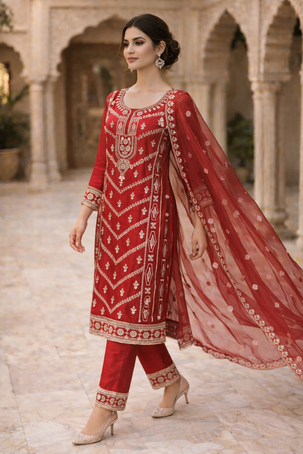 Royal Crimson Red Luxury Embroidered 3-Piece Ethnic Suit Set for Festive & Wedding Wear