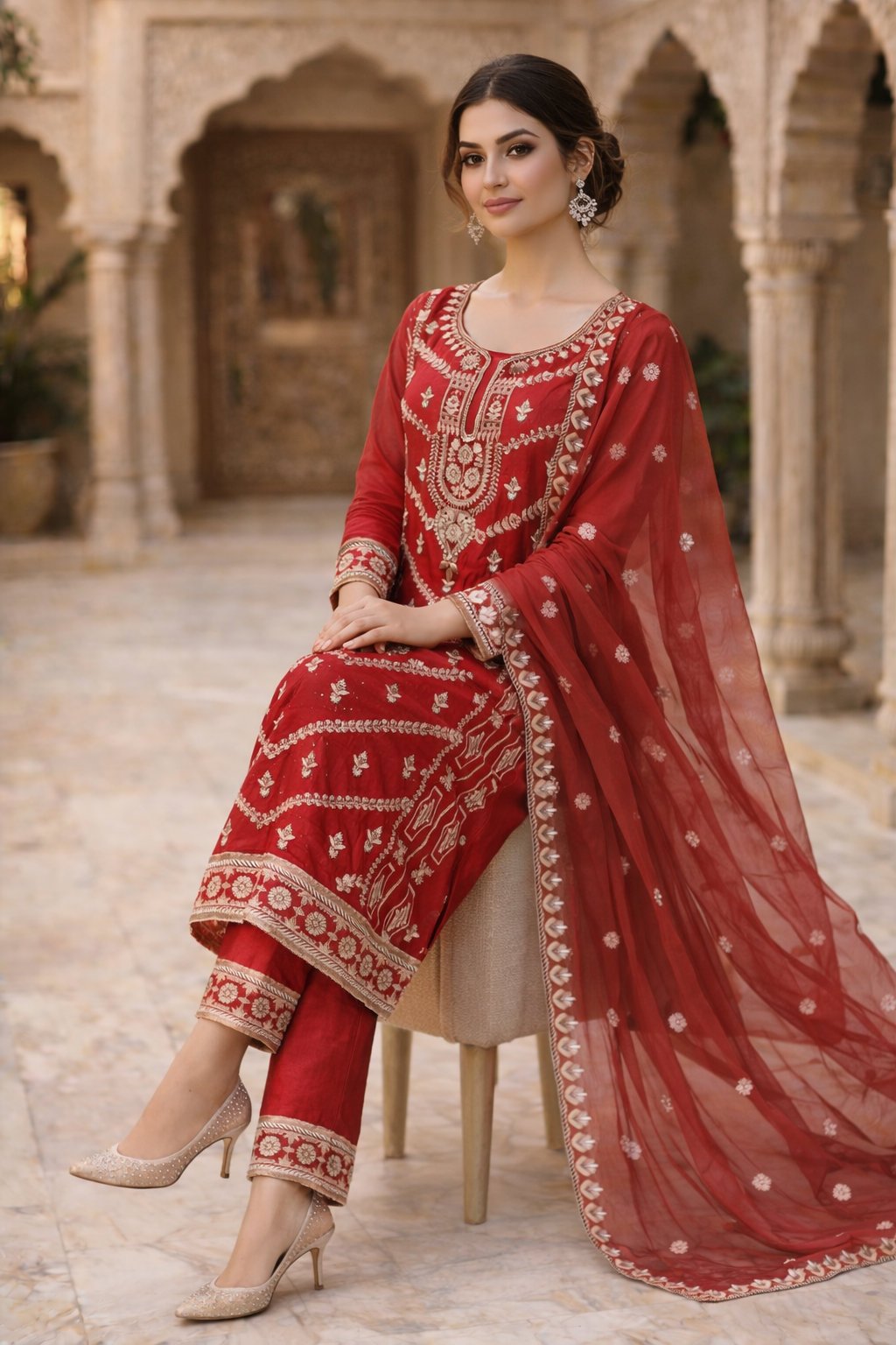 Royal Crimson Red Luxury Embroidered 3-Piece Ethnic Suit Set for Festive & Wedding Wear