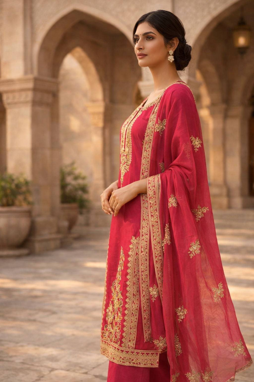 Luxury Ruby Red Embroidered 3-Piece Ethnic Suit Set for Festive & Wedding Wear