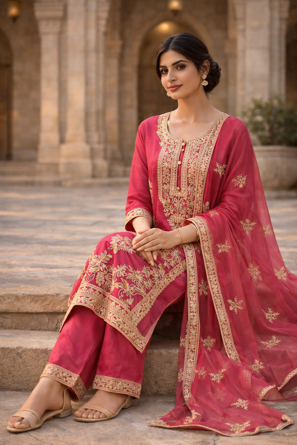 Luxury Ruby Red Embroidered 3-Piece Ethnic Suit Set for Festive & Wedding Wear