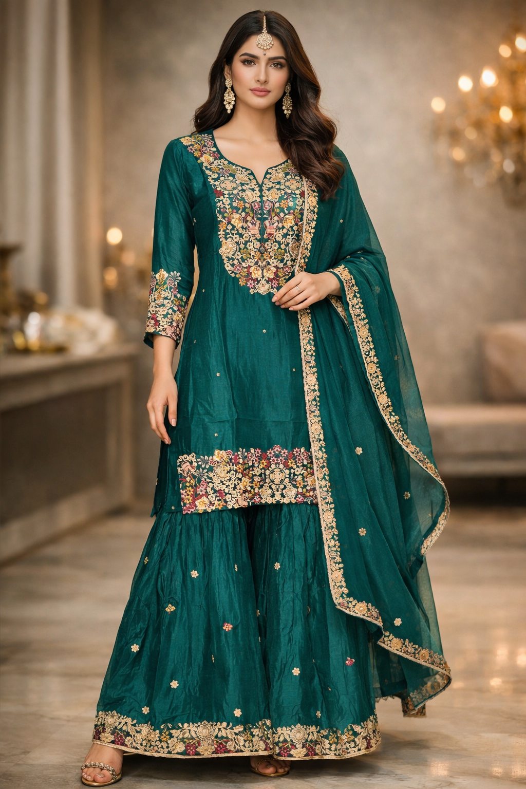 Emerald Teal Chinnon Banarasi Embroidered Sharara Set with Dupatta