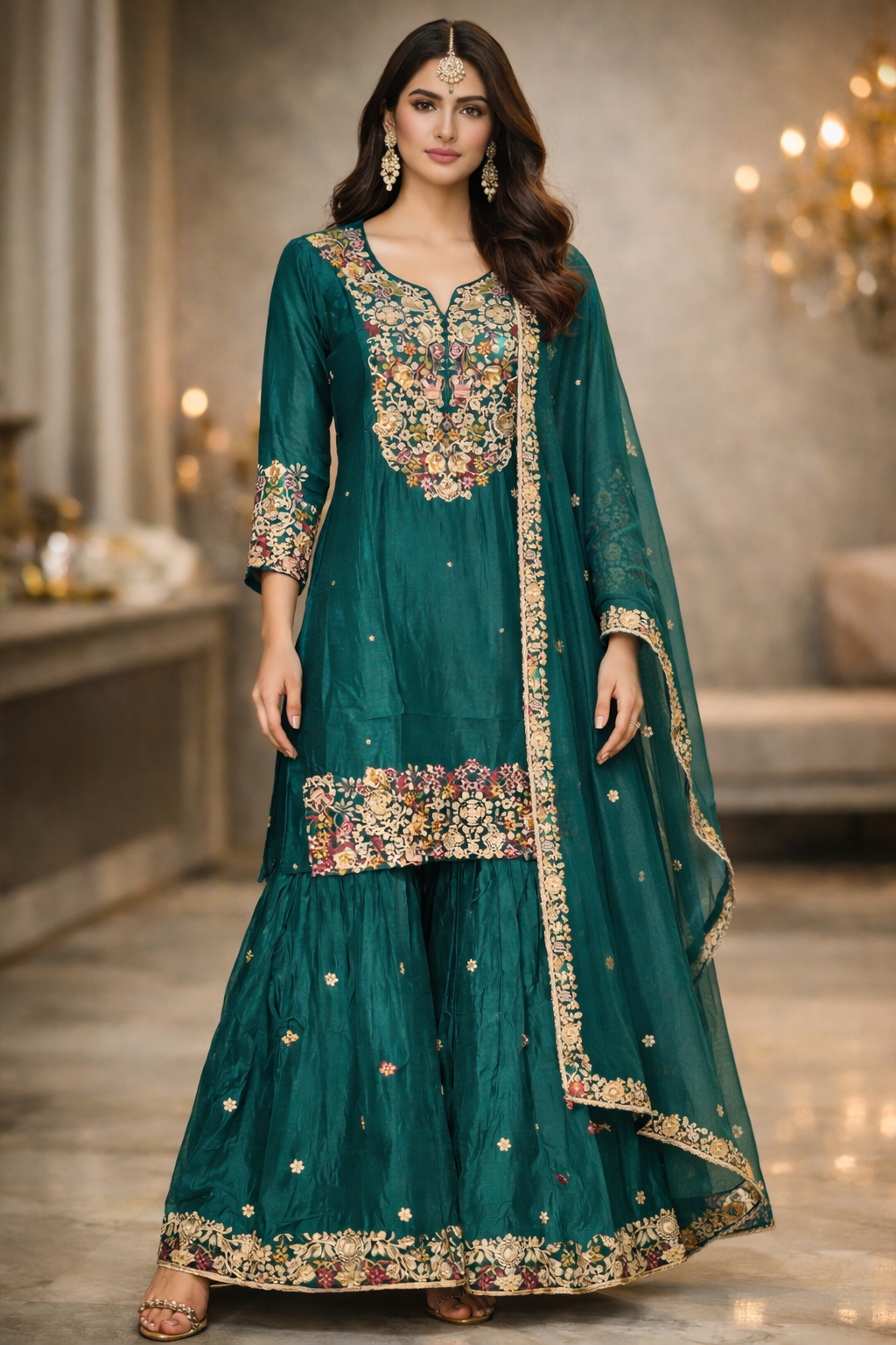 Emerald Teal Chinnon Banarasi Embroidered Sharara Set with Dupatta