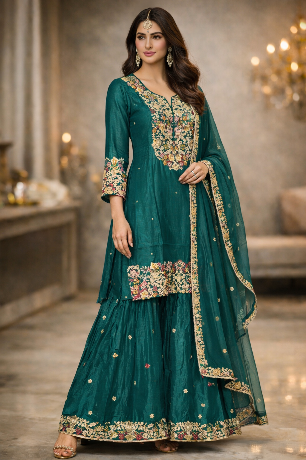 Emerald Teal Chinnon Banarasi Embroidered Sharara Set with Dupatta