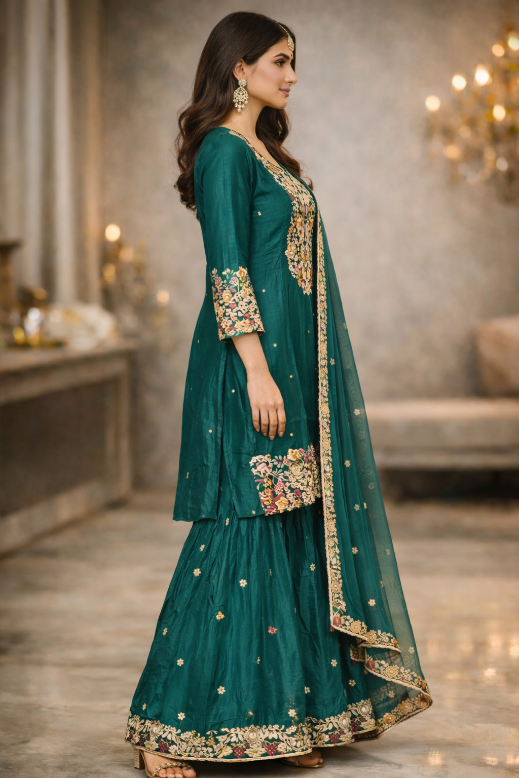 Emerald Teal Chinnon Banarasi Embroidered Sharara Set with Dupatta