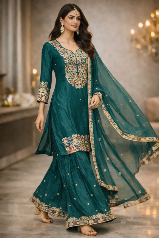 Emerald Teal Chinnon Banarasi Embroidered Sharara Set with Dupatta