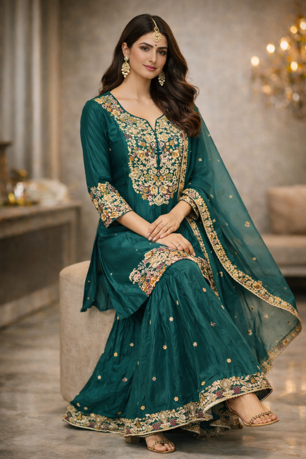 Emerald Teal Chinnon Banarasi Embroidered Sharara Set with Dupatta