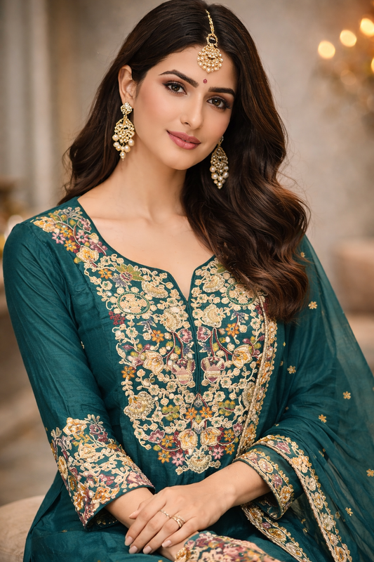 Emerald Teal Chinnon Banarasi Embroidered Sharara Set with Dupatta