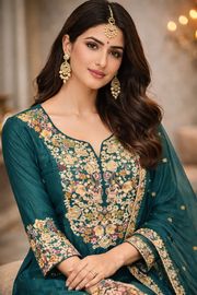 Emerald Teal Chinnon Banarasi Embroidered Sharara Set with Dupatta