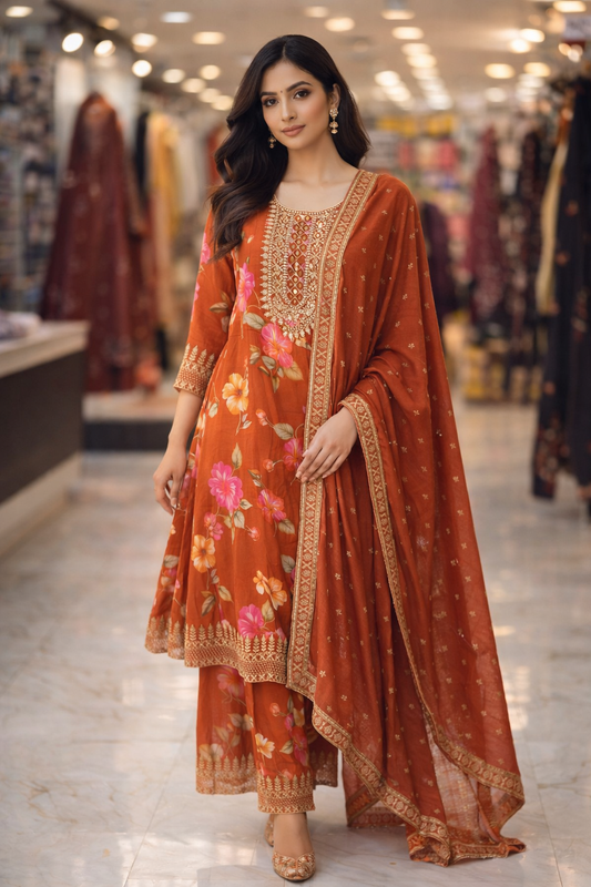 Rust Orange Chinon Floral Embroidered Straight Suit Set with Dupatta
