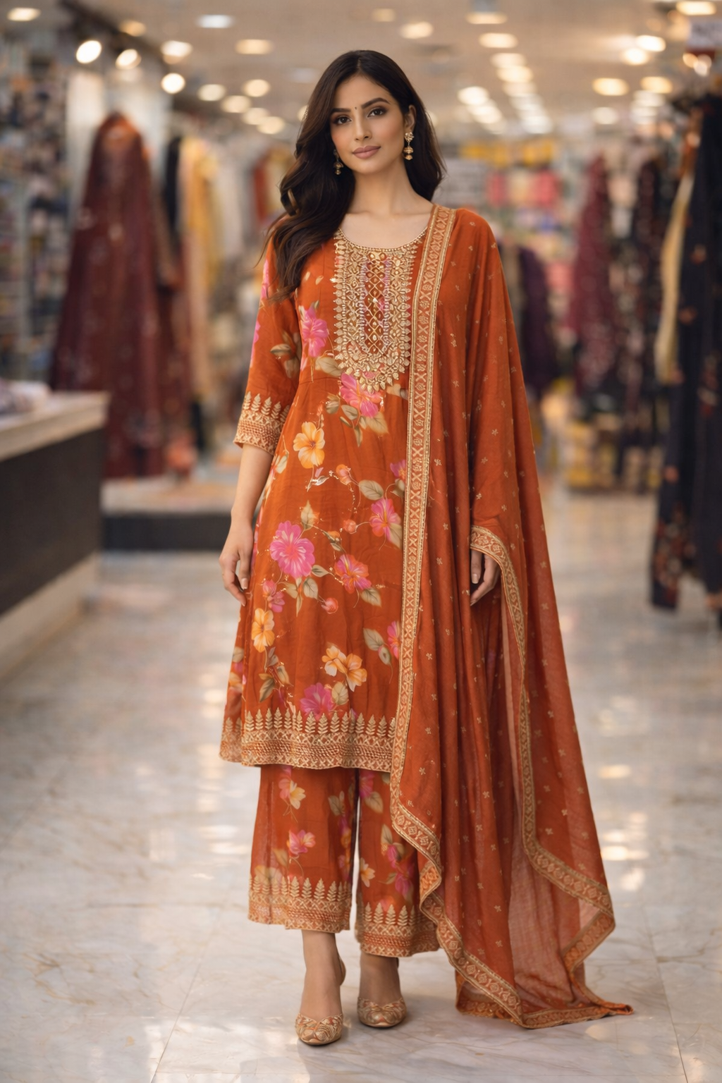 Rust Orange Chinon Floral Embroidered Straight Suit Set with Dupatta