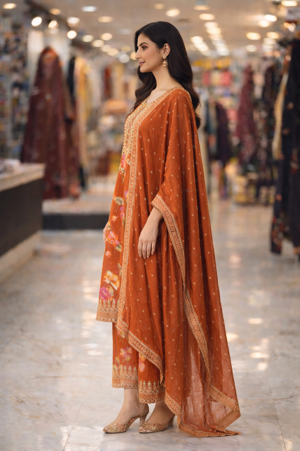 Rust Orange Chinon Floral Embroidered Straight Suit Set with Dupatta