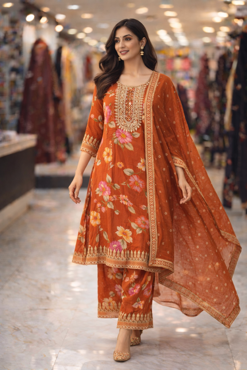 Rust Orange Chinon Floral Embroidered Straight Suit Set with Dupatta
