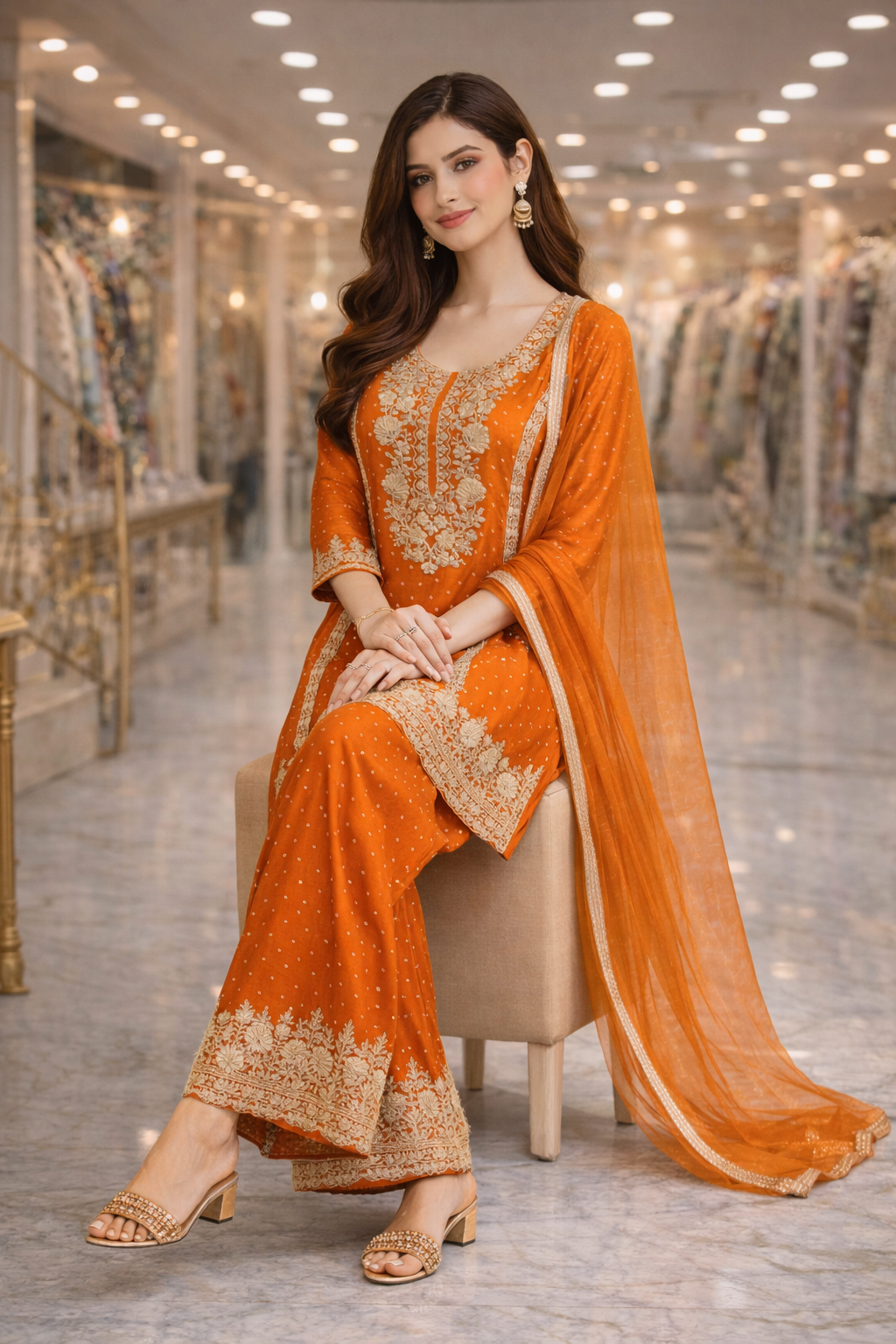 Burnt Orange Chinon Embroidered Straight Suit Set with Dupatta
